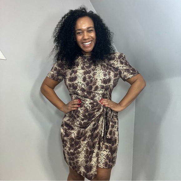 Vintage Silk Neutral Snakeskin Short Sleeve Wrap Dress Animal Print Date Night - Picture 1 of 15